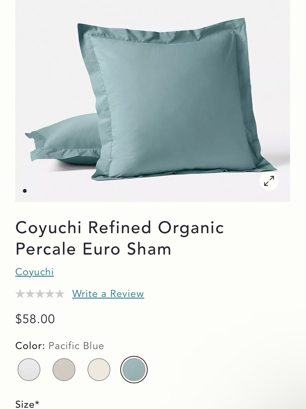 NWT Coyuchi Count Organic Cotton Percale Pillow Sham Pacific Blue